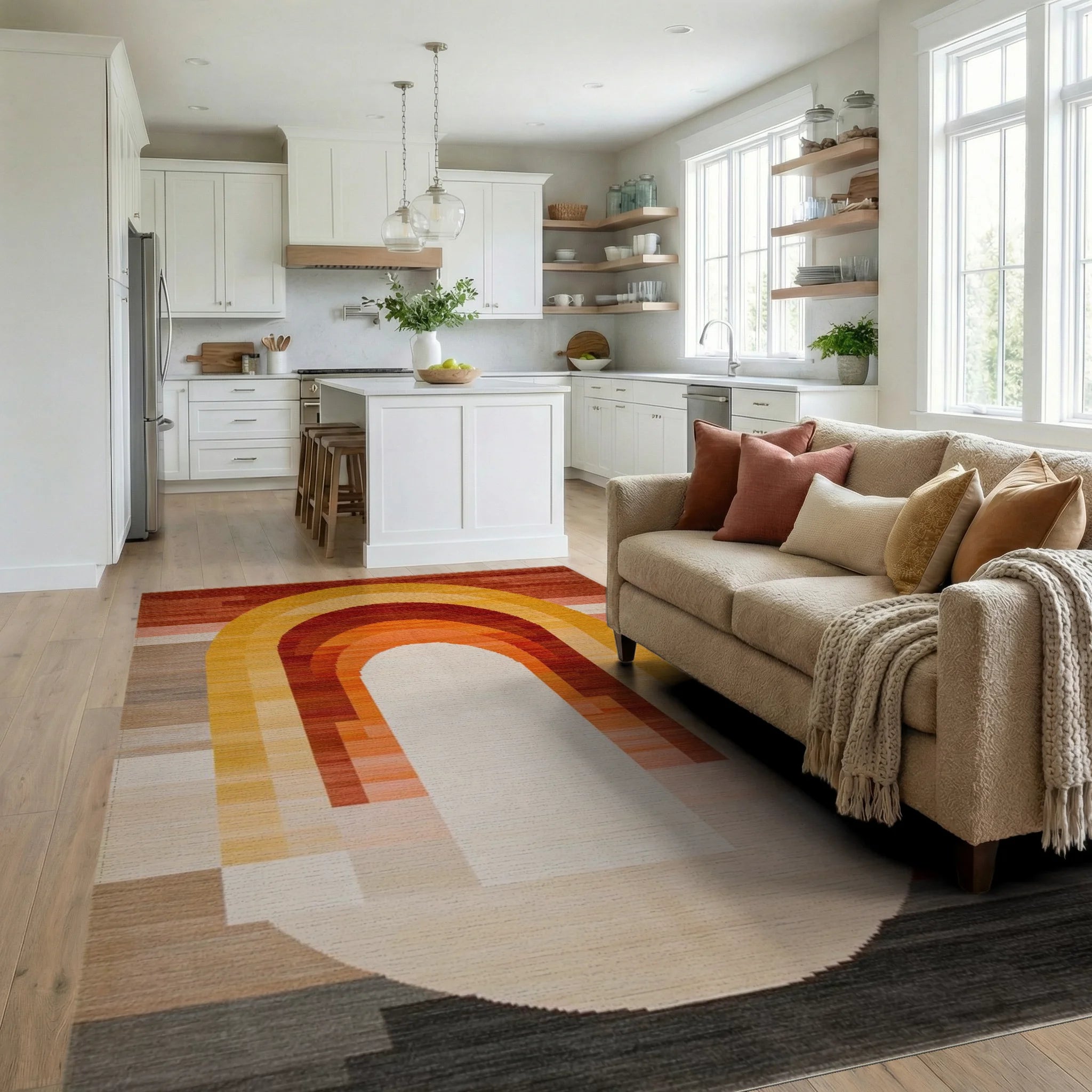 Warm Spectrum Arch Abstract Rug - Living Room View