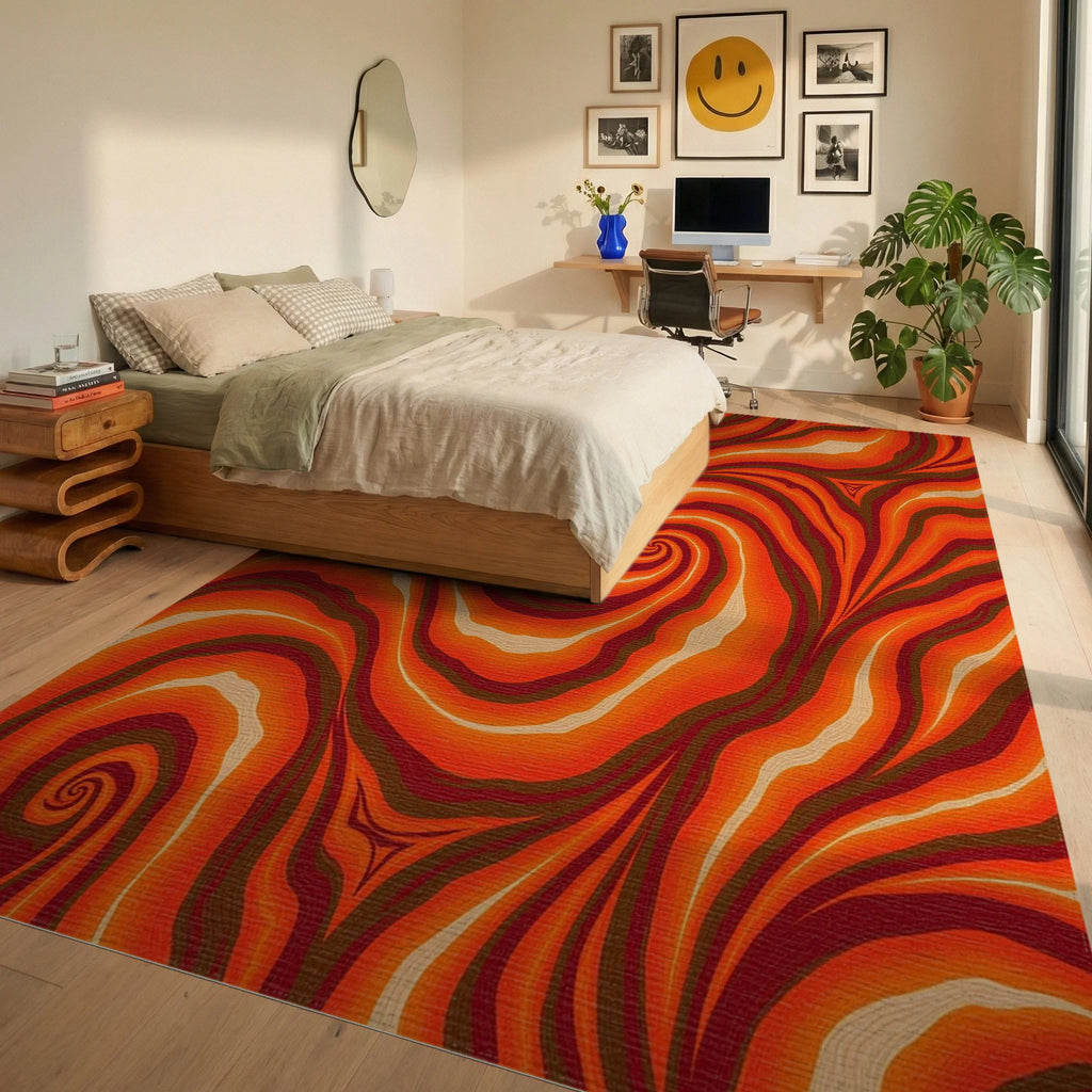 Warm Swirl Orange Abstract Rug Bedroom View