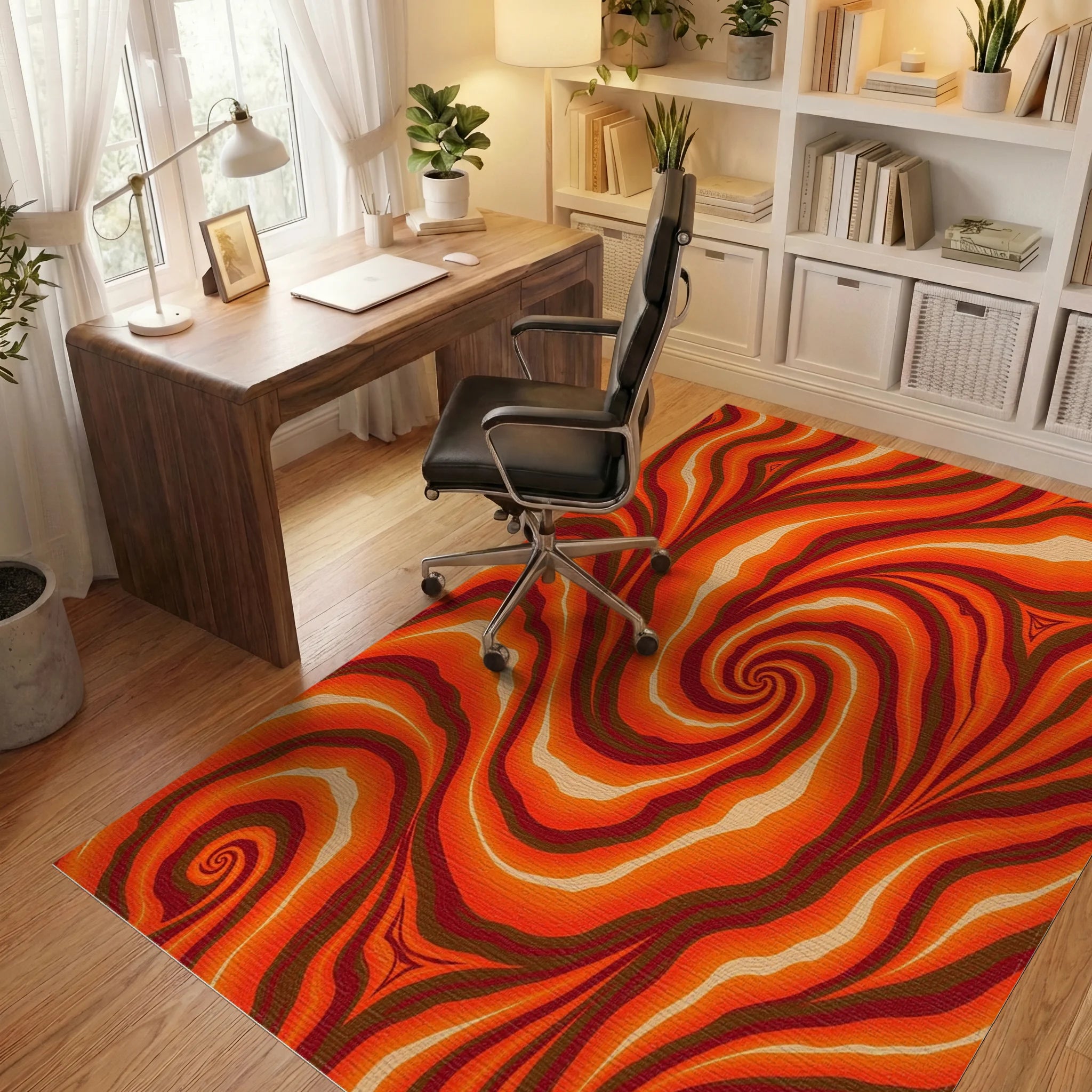 Warm Swirl Orange Abstract Rug Office View