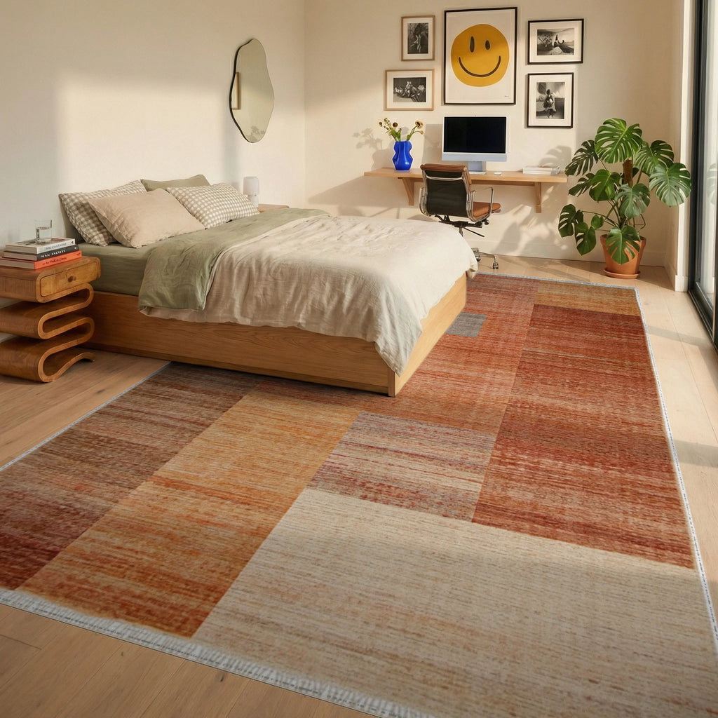 Warm Terracotta Patchwork Rectangular Rug - Bedroom View