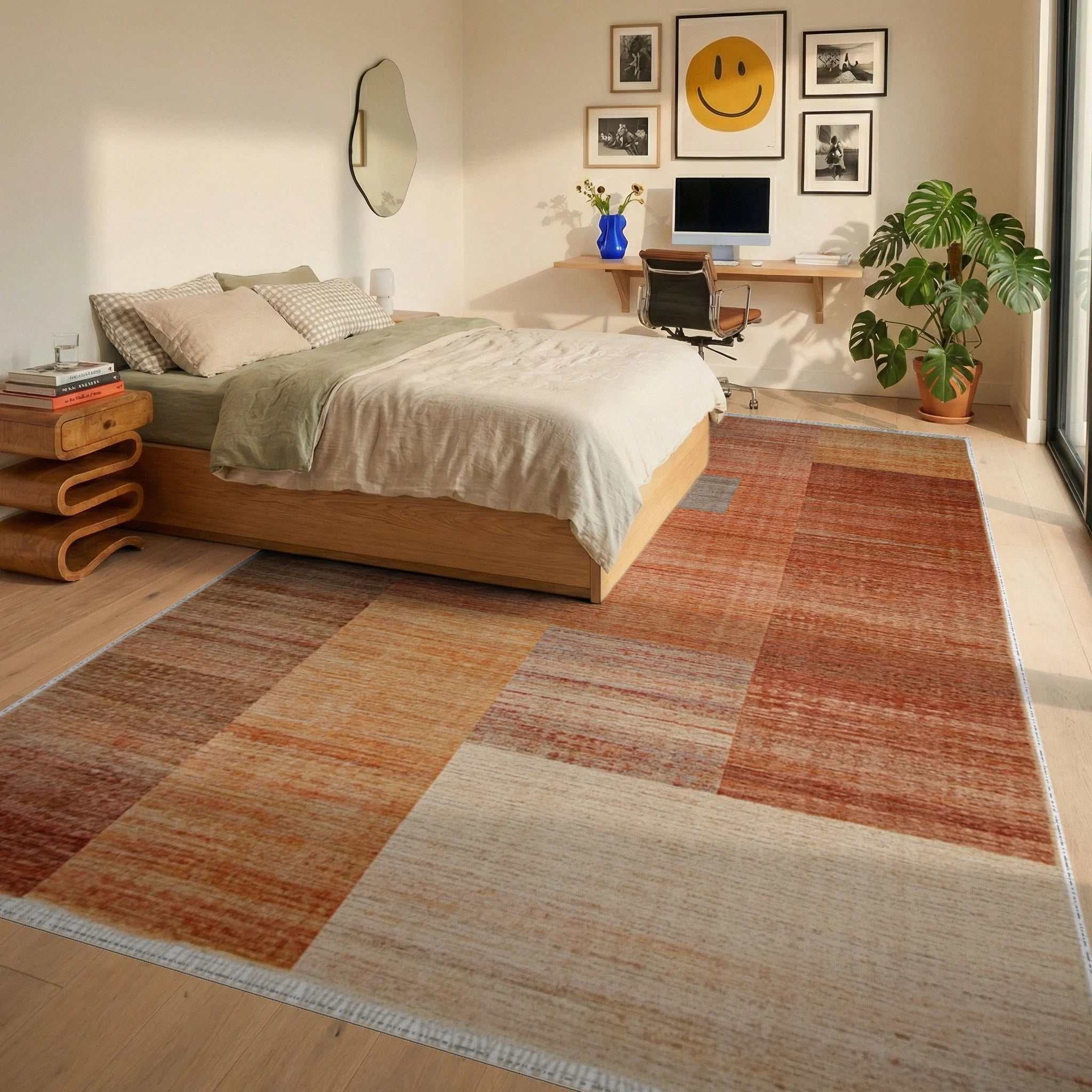 Warm Terracotta Patchwork Rectangular Rug - Bedroom View