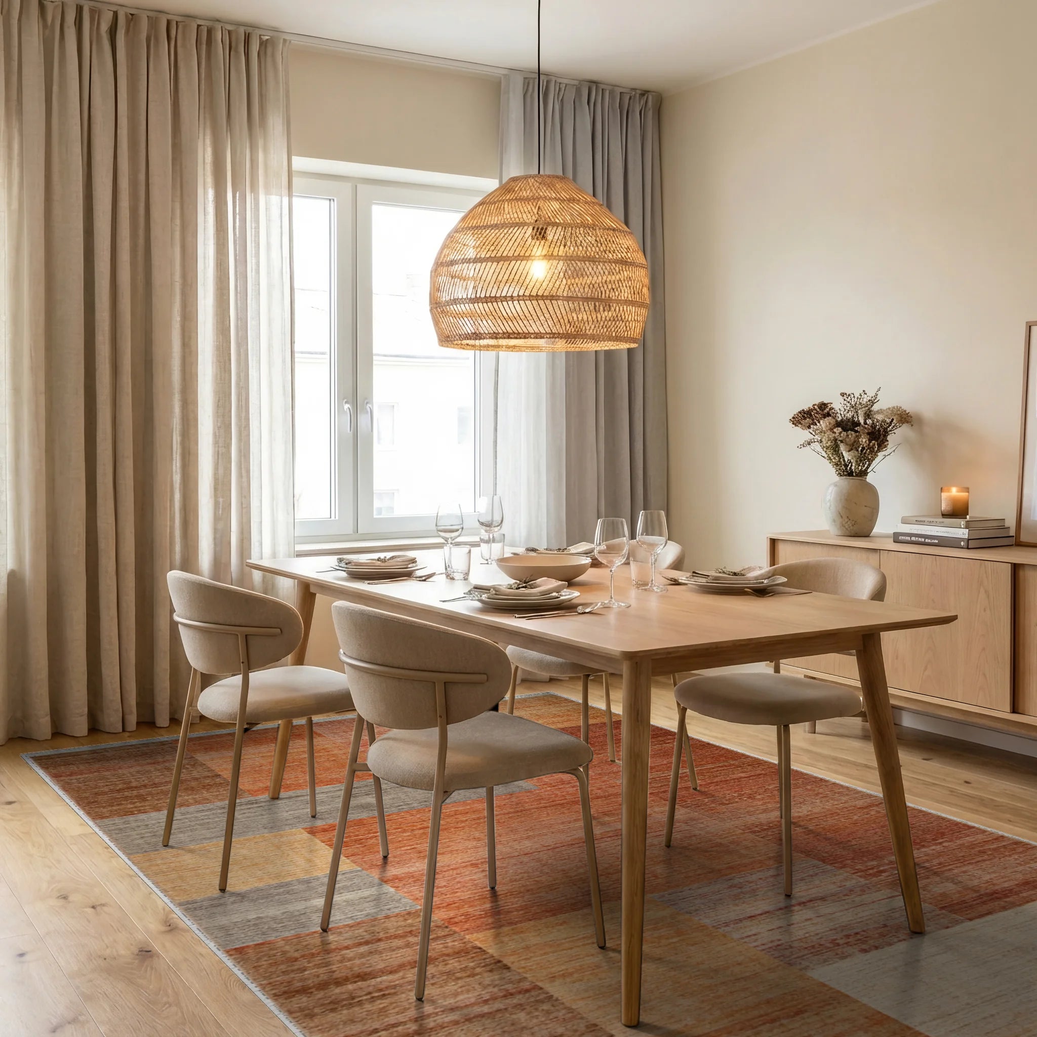 Warm Terracotta Patchwork Rectangular Rug - Dining Room View