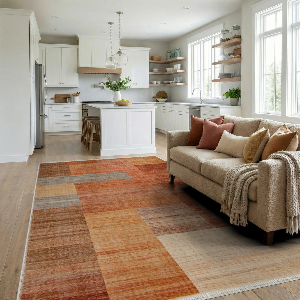 Warm Terracotta Patchwork Rectangular Rug - Living Room View