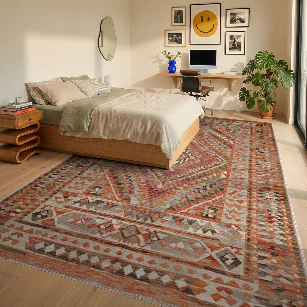Warm Tones Geometric Diamond Tribal Rug - Bedroom View