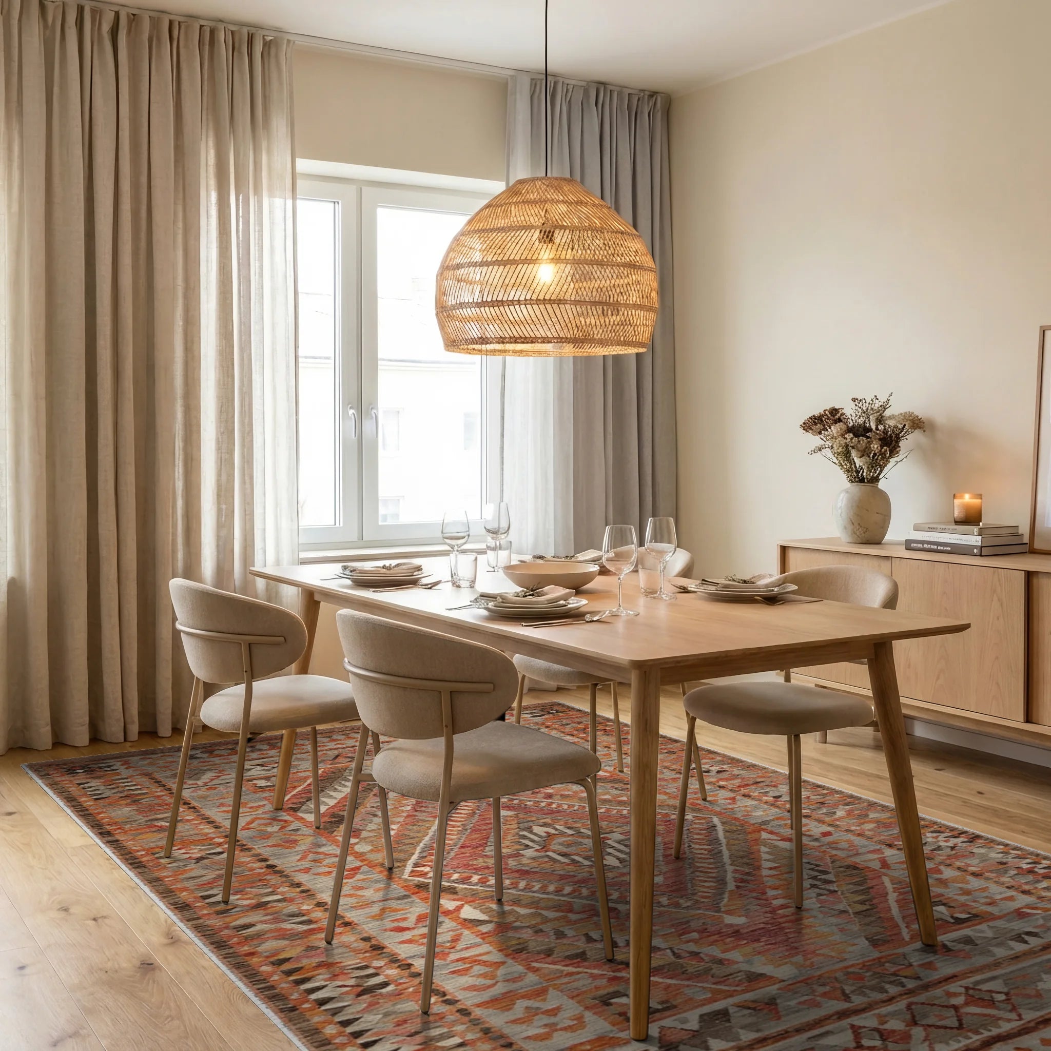 Warm Tones Geometric Diamond Tribal Rug - Dining Room View
