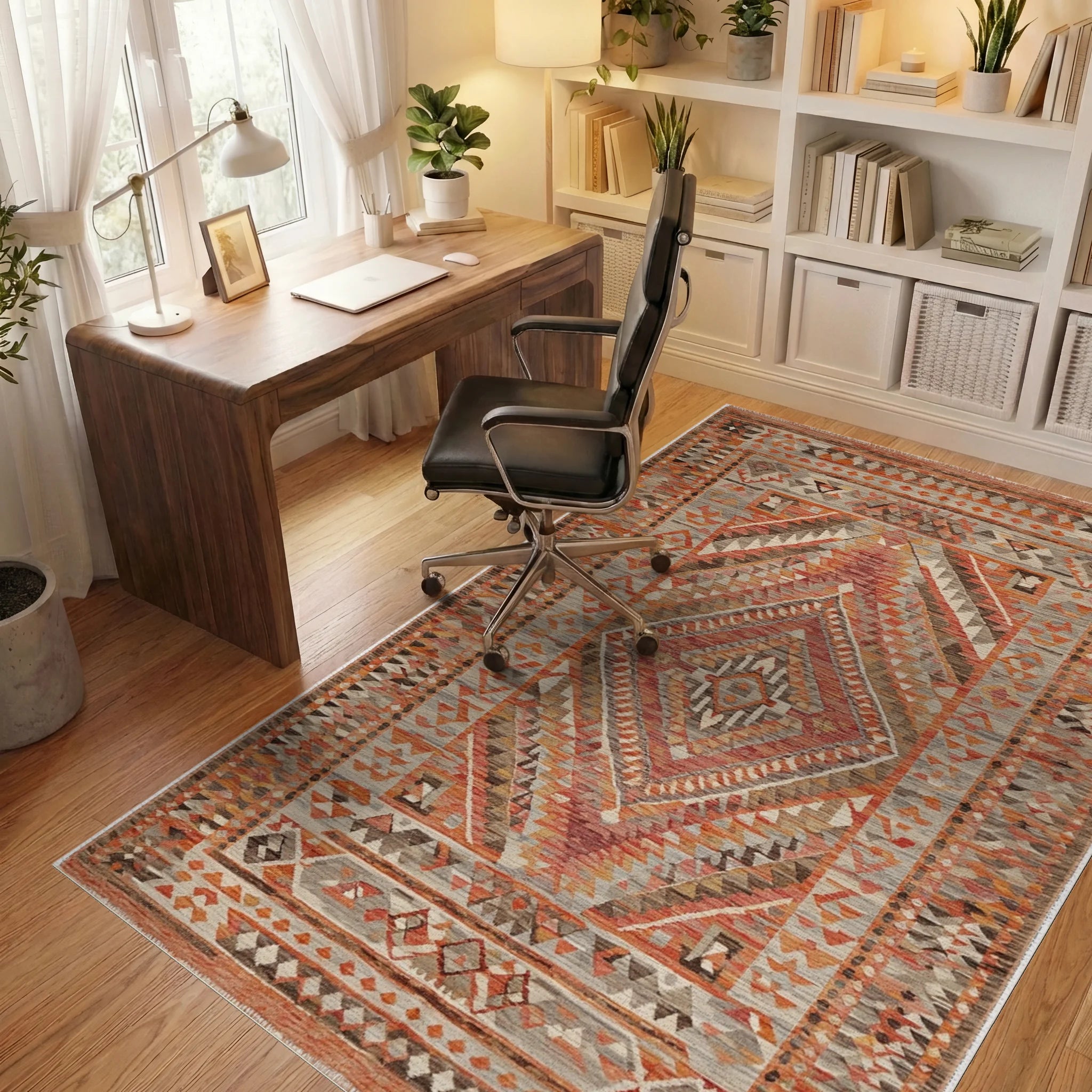 Warm Tones Geometric Diamond Tribal Rug - Office View