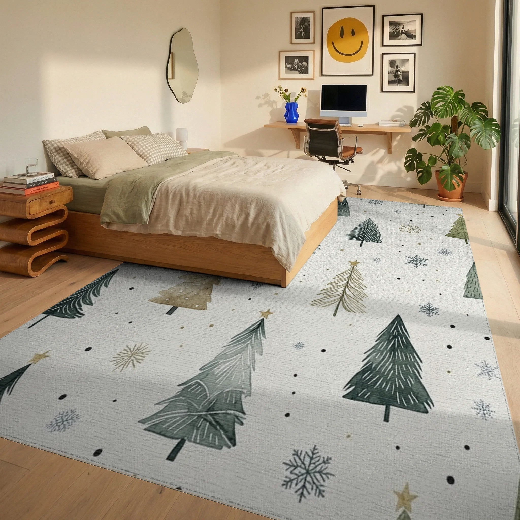 Watercolor Evergreen Trees Snowflakes Rug - Bedroom View