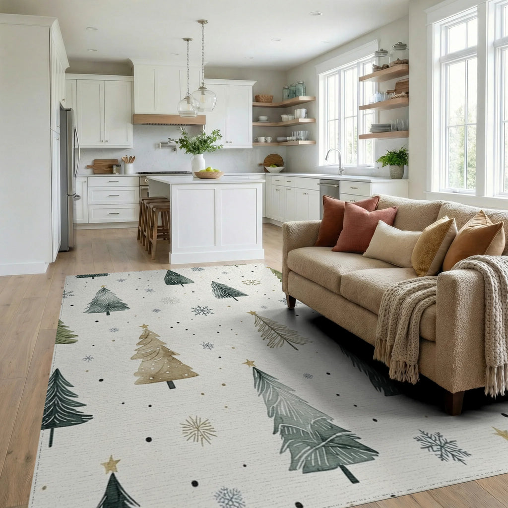 Watercolor Evergreen Trees Snowflakes Rug - Living Room View