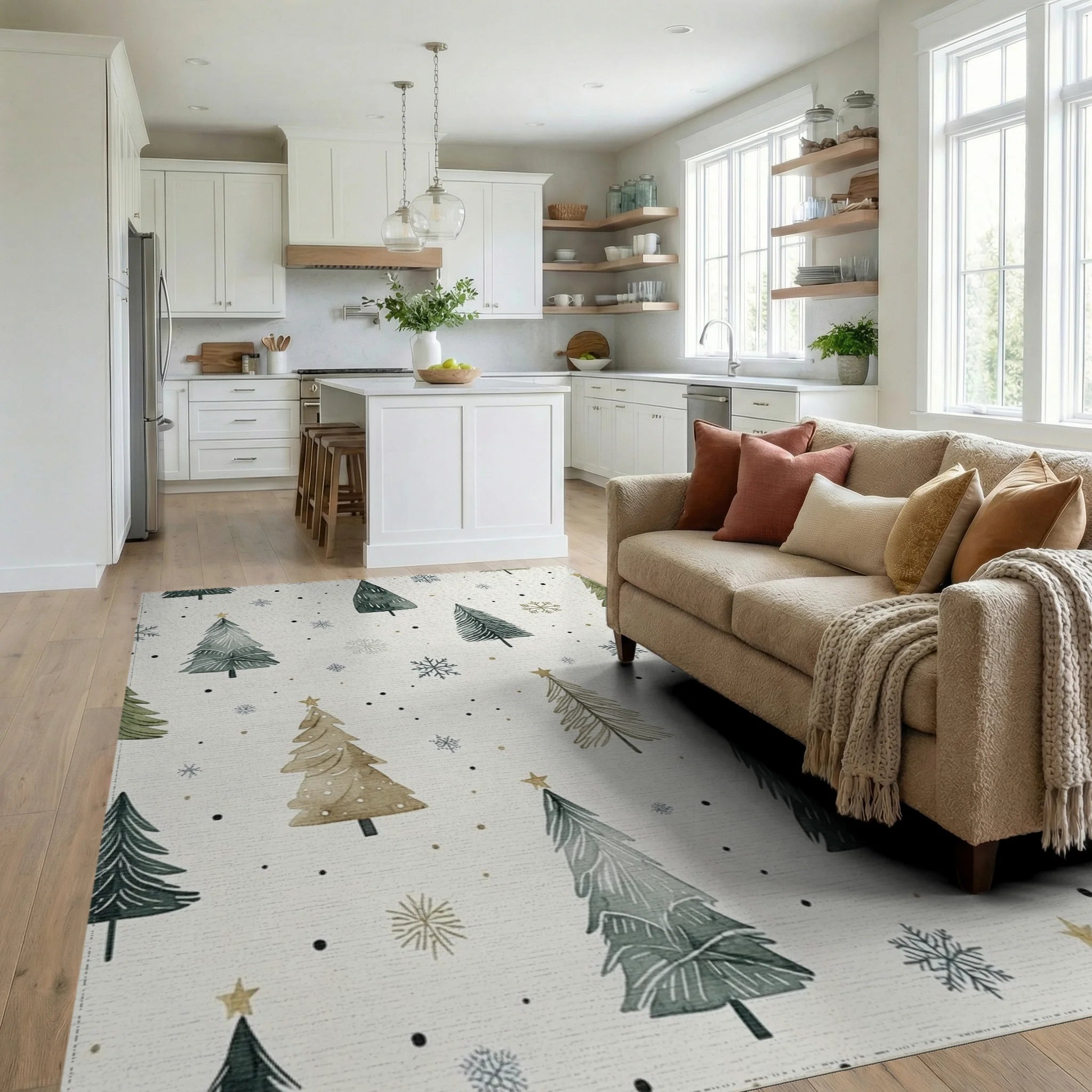 Watercolor Evergreen Trees Snowflakes Rug - Living Room View