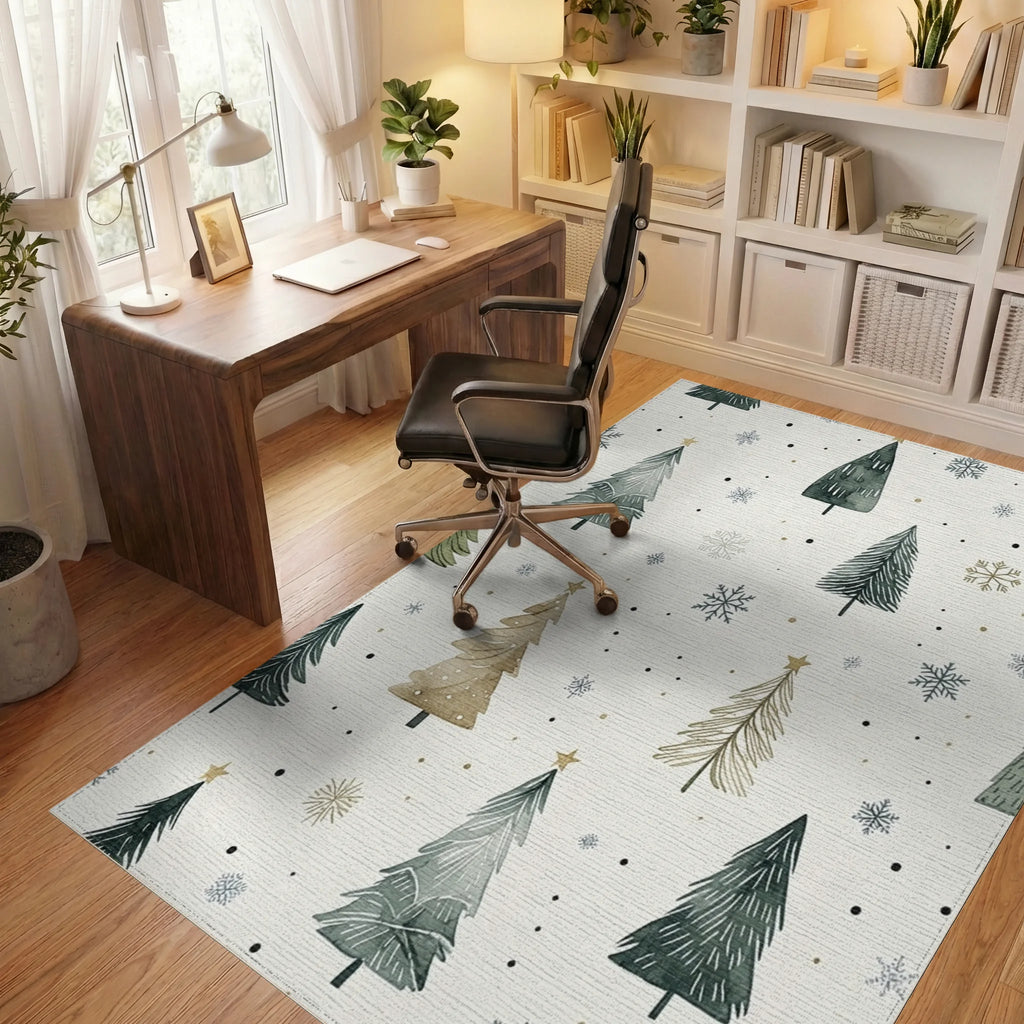 Watercolor Evergreen Trees Snowflakes Rug - Office View