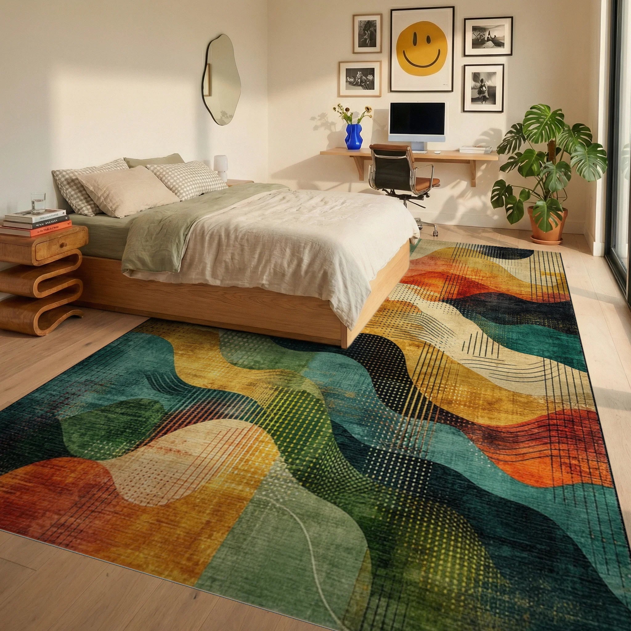 Wavy Abstract Geometric Texture Rug - Bedroom View