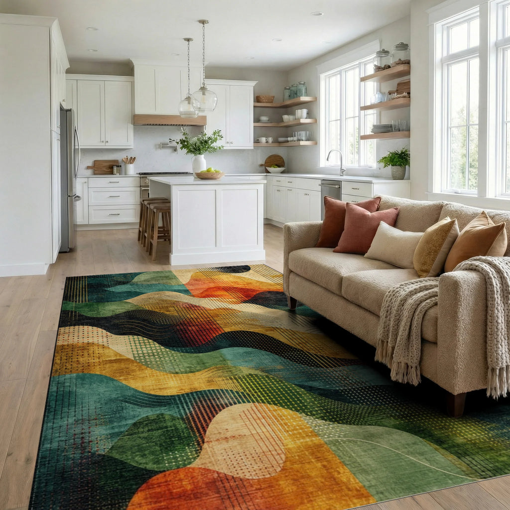Wavy Abstract Geometric Texture Rug - Living Room View