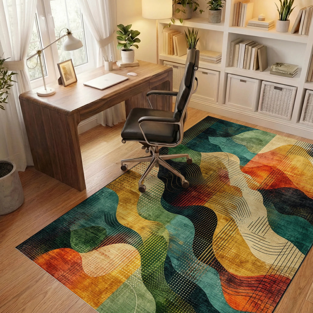 Wavy Abstract Geometric Texture Rug - Office View