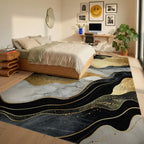 Wavy Black Gold Marble Starry Rug - Bedroom View