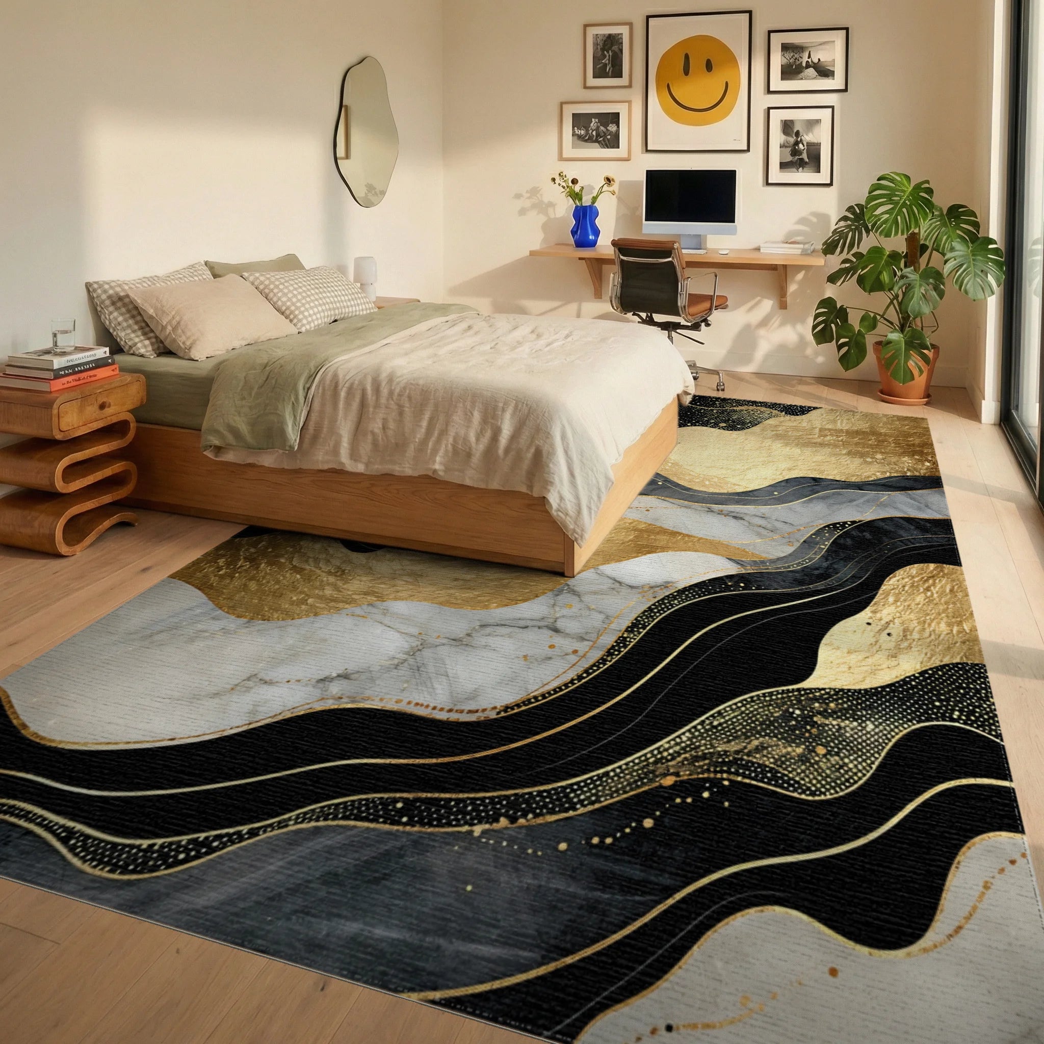 Wavy Black Gold Marble Starry Rug - Bedroom View