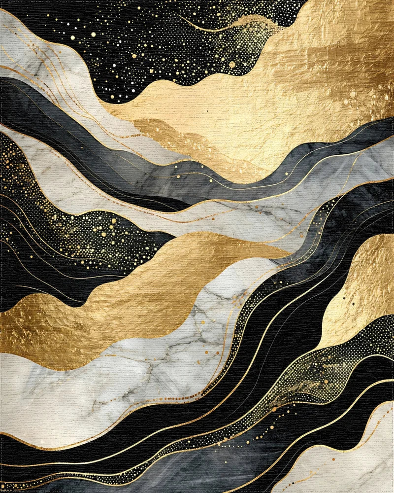 Wavy Black Gold Marble Starry Rug - Cutout View