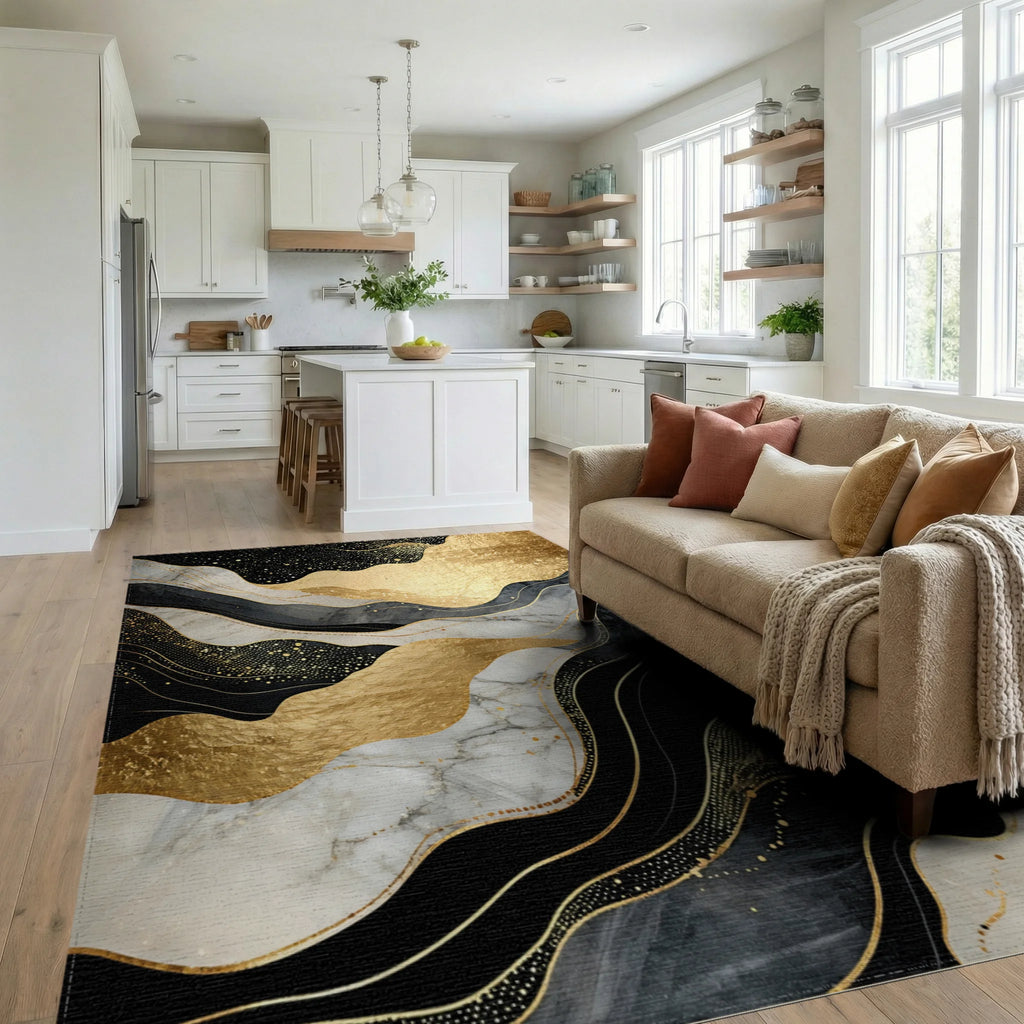 Wavy Black Gold Marble Starry Rug - Living Room View
