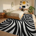 Wavy Black White Abstract Pattern Rug Bedroom View