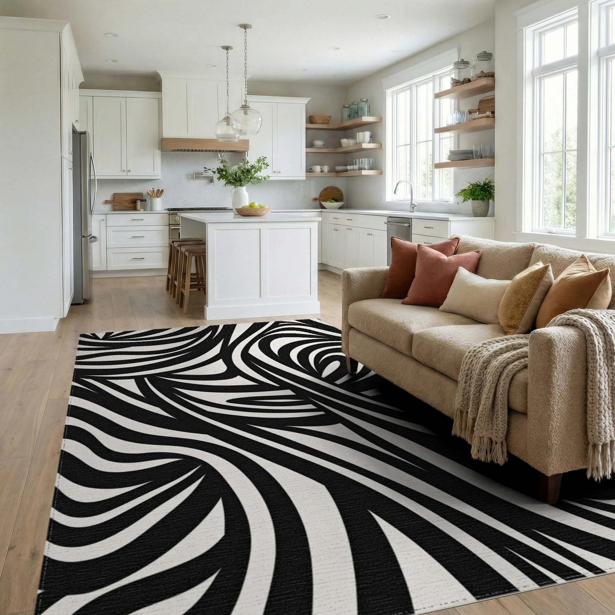 Wavy Black White Abstract Pattern Rug Living Room View