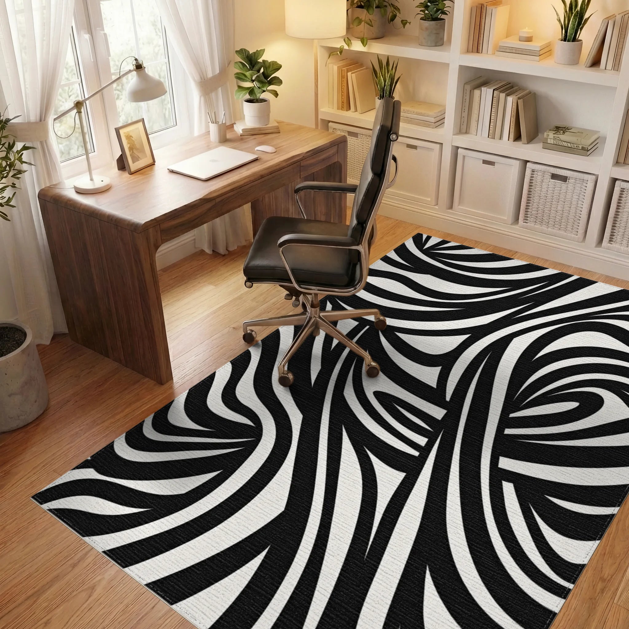Wavy Black White Abstract Pattern Rug Office View