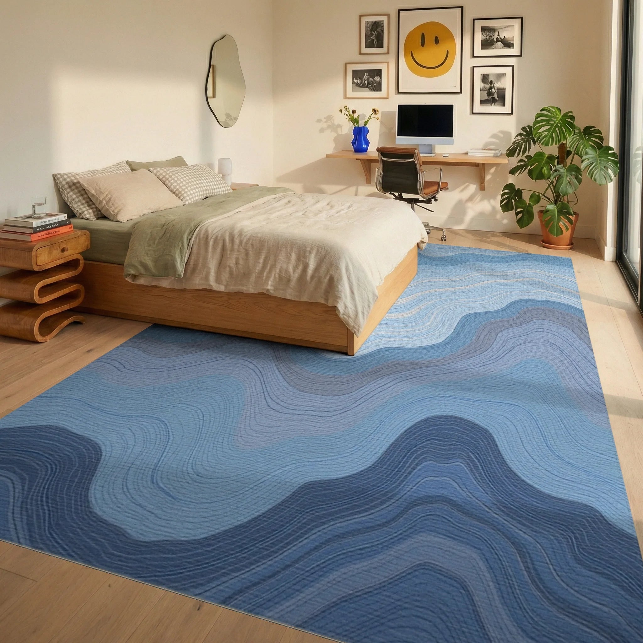 Wavy Blue And White Lines Pattern Rug Bedroom View