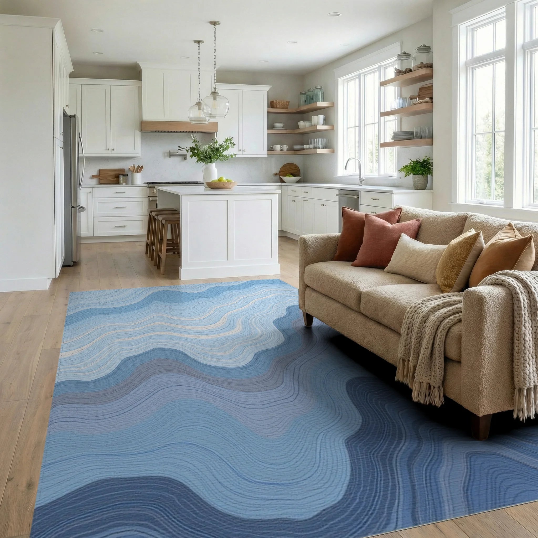 Wavy Blue And White Lines Pattern Rug Living Room View
