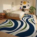 Wavy Blue Green Cream Pattern Rug Bedroom View