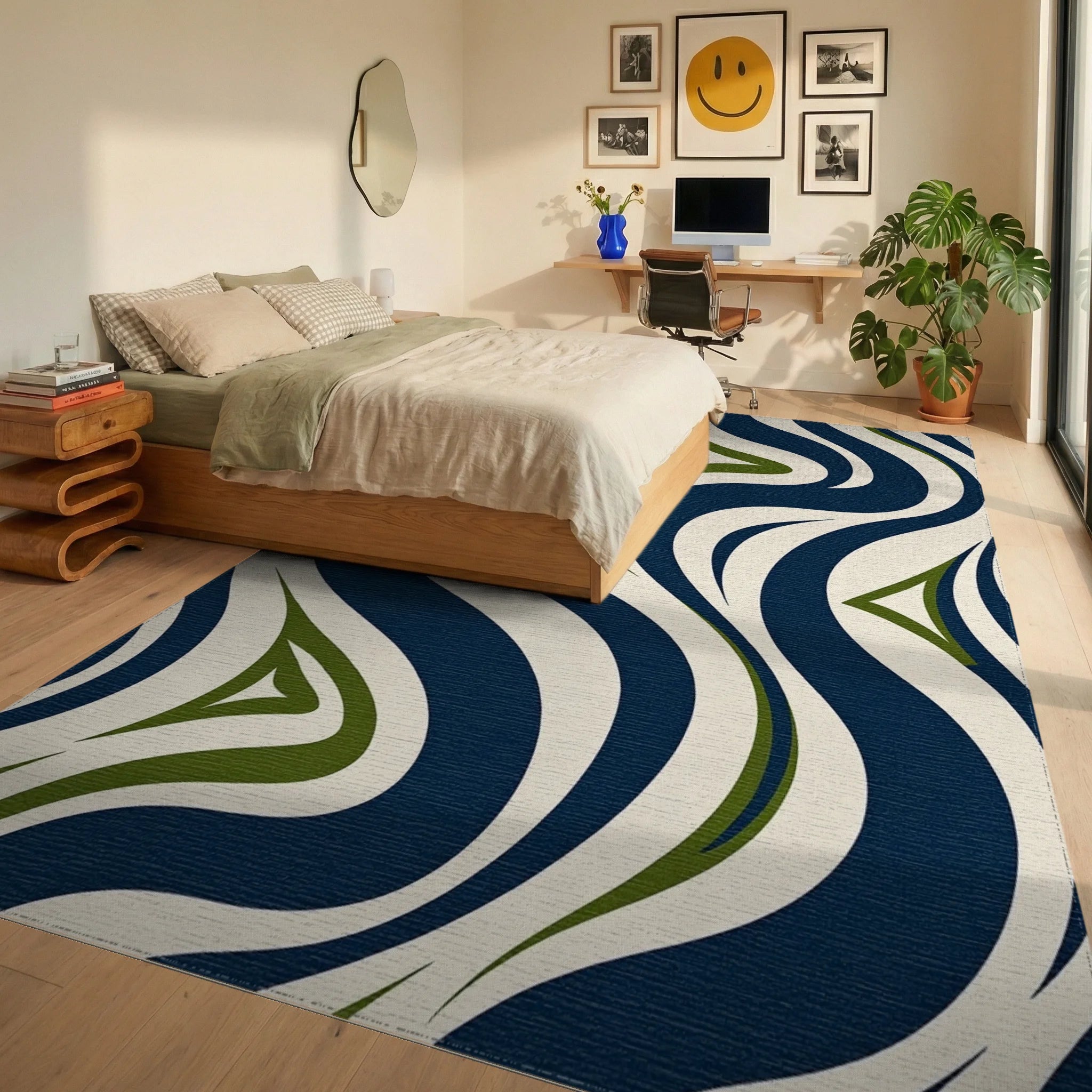 Wavy Blue Green Cream Pattern Rug Bedroom View