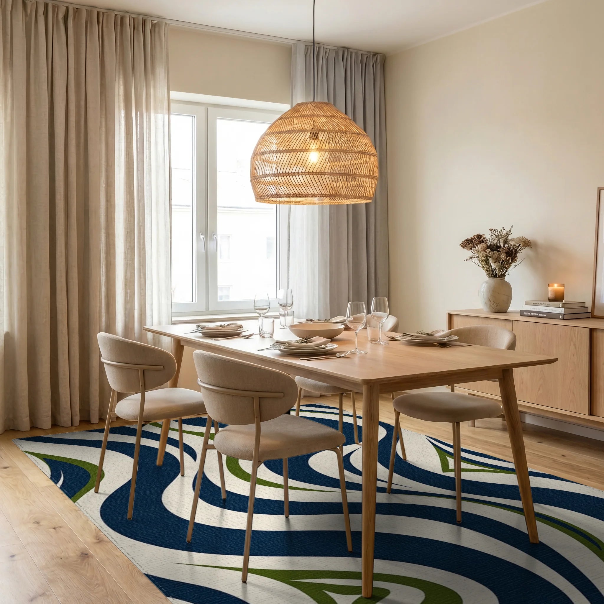 Wavy Blue Green Cream Pattern Rug Dining Room View
