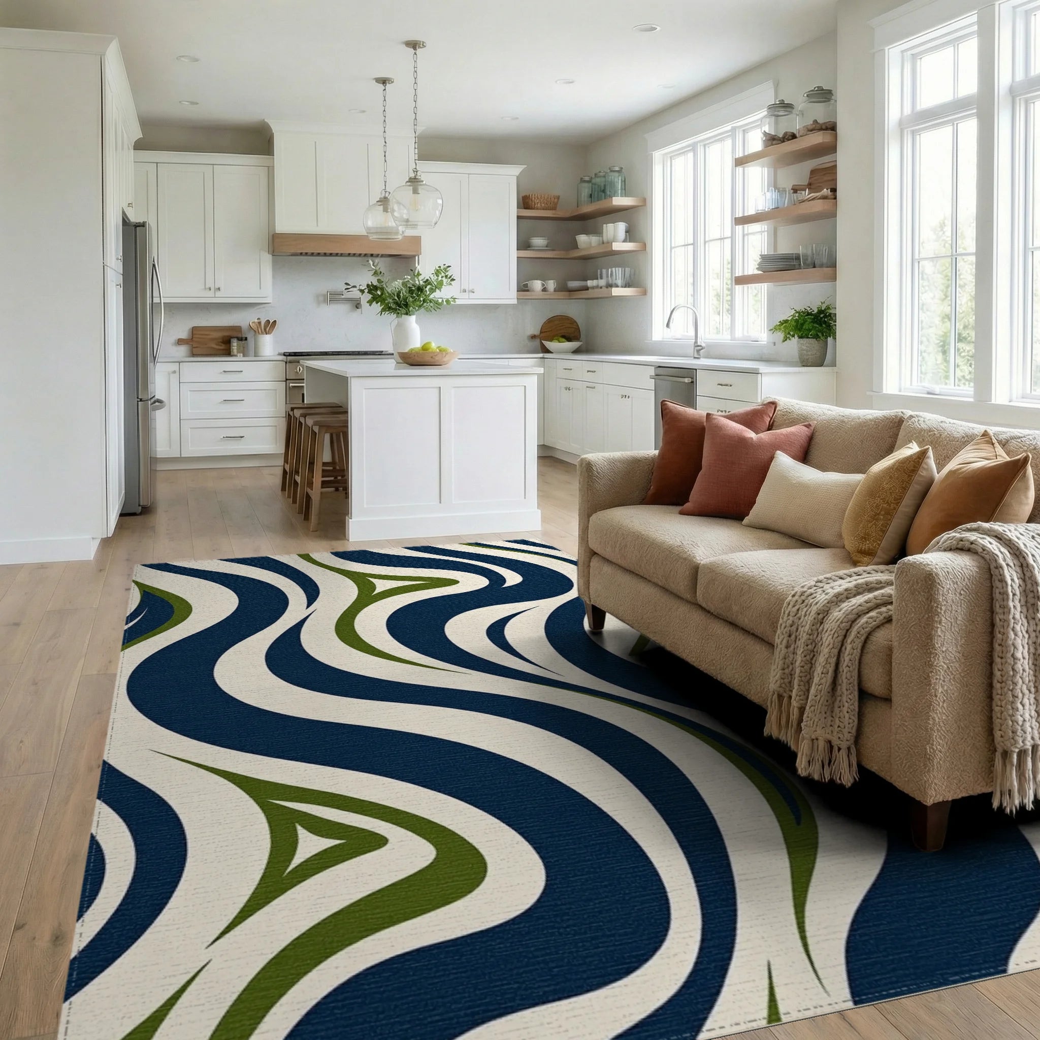 Wavy Blue Green Cream Pattern Rug Living Room View