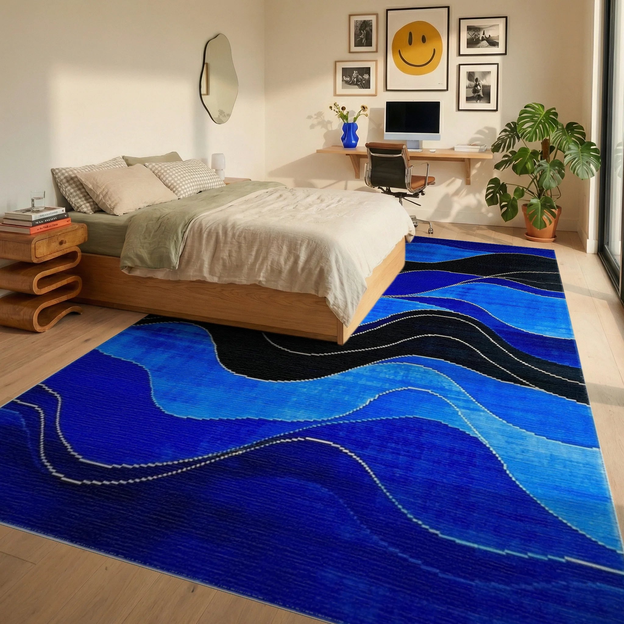 Wavy Lines Cobalt Black Overlay Rug - Bedroom View