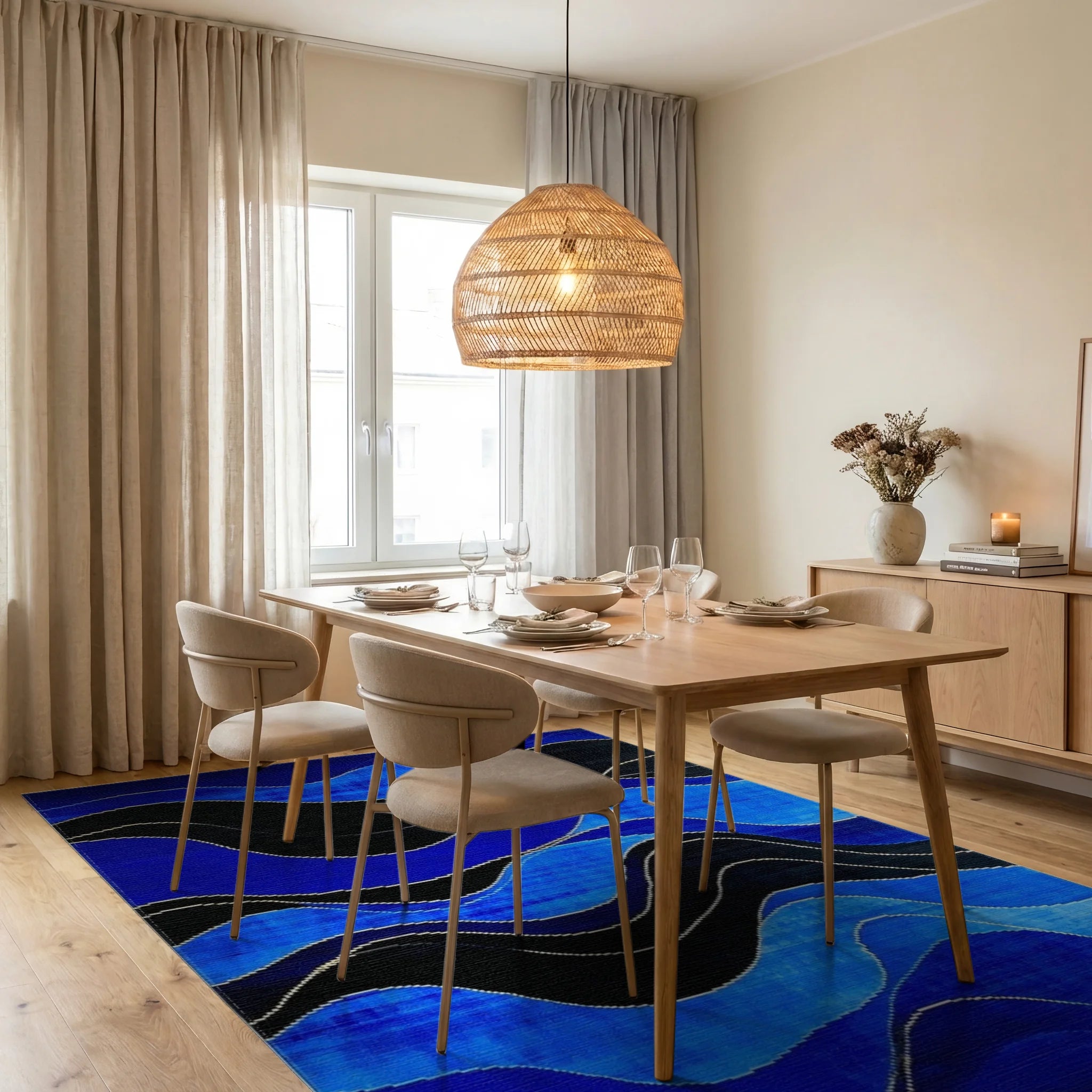Wavy Lines Cobalt Black Overlay Rug - Dining Room View