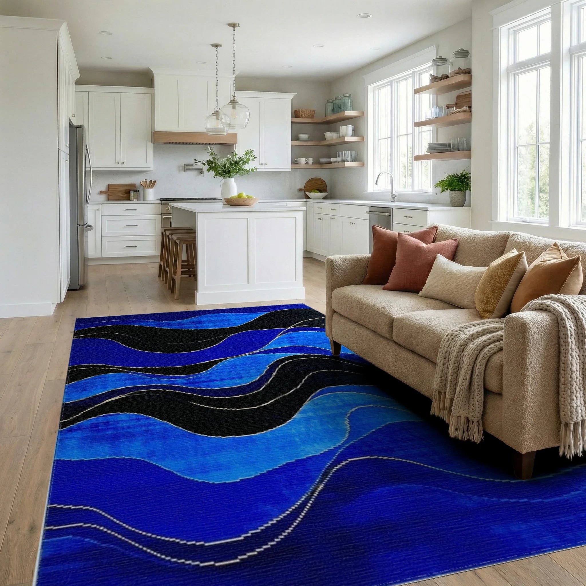 Wavy Lines Cobalt Black Overlay Rug - Living Room View