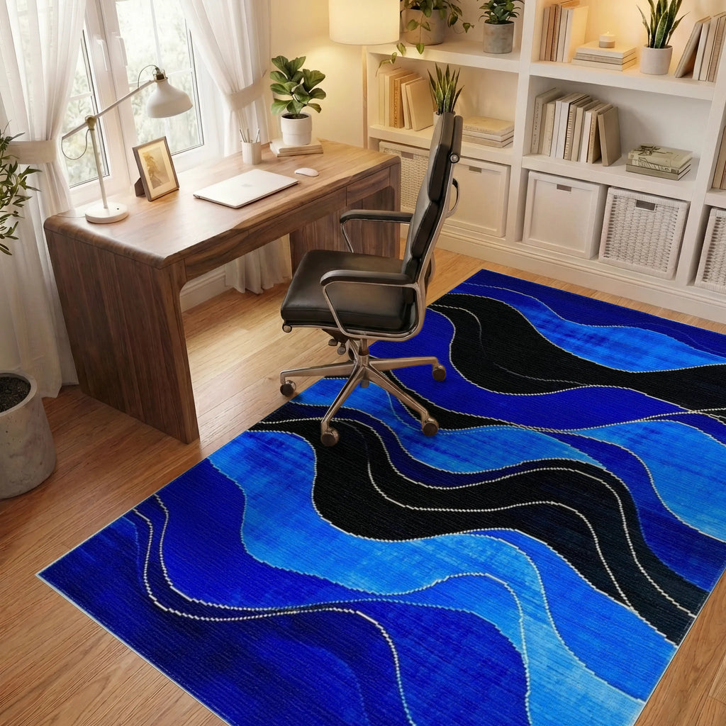 Wavy Lines Cobalt Black Overlay Rug - Office View