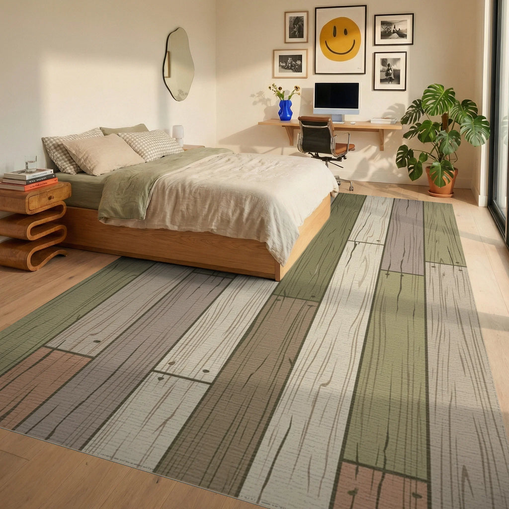 Weathered Wood Plank Multicolored Rug Bedroom View