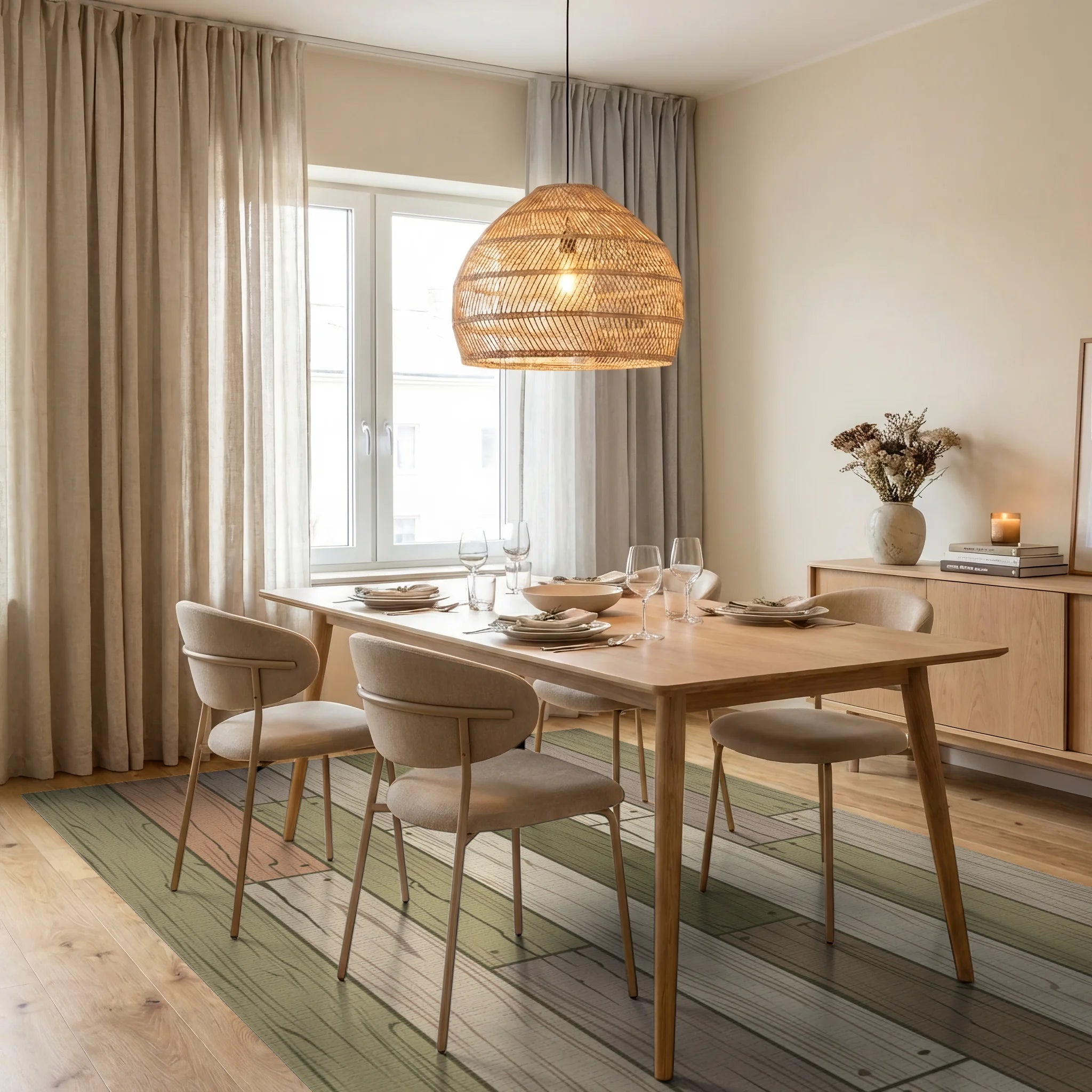 Weathered Wood Plank Multicolored Rug Dining Room View