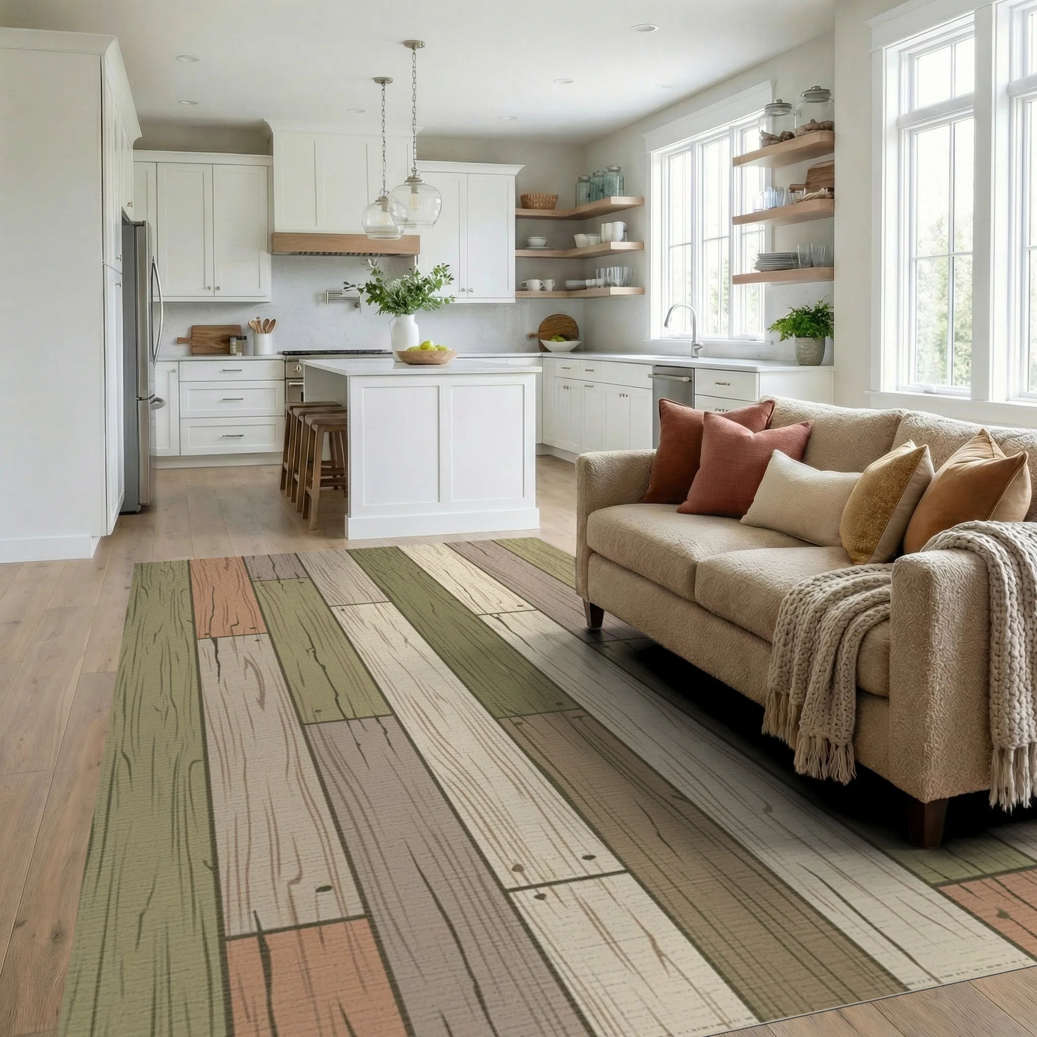 Weathered Wood Plank Multicolored Rug Living Room View