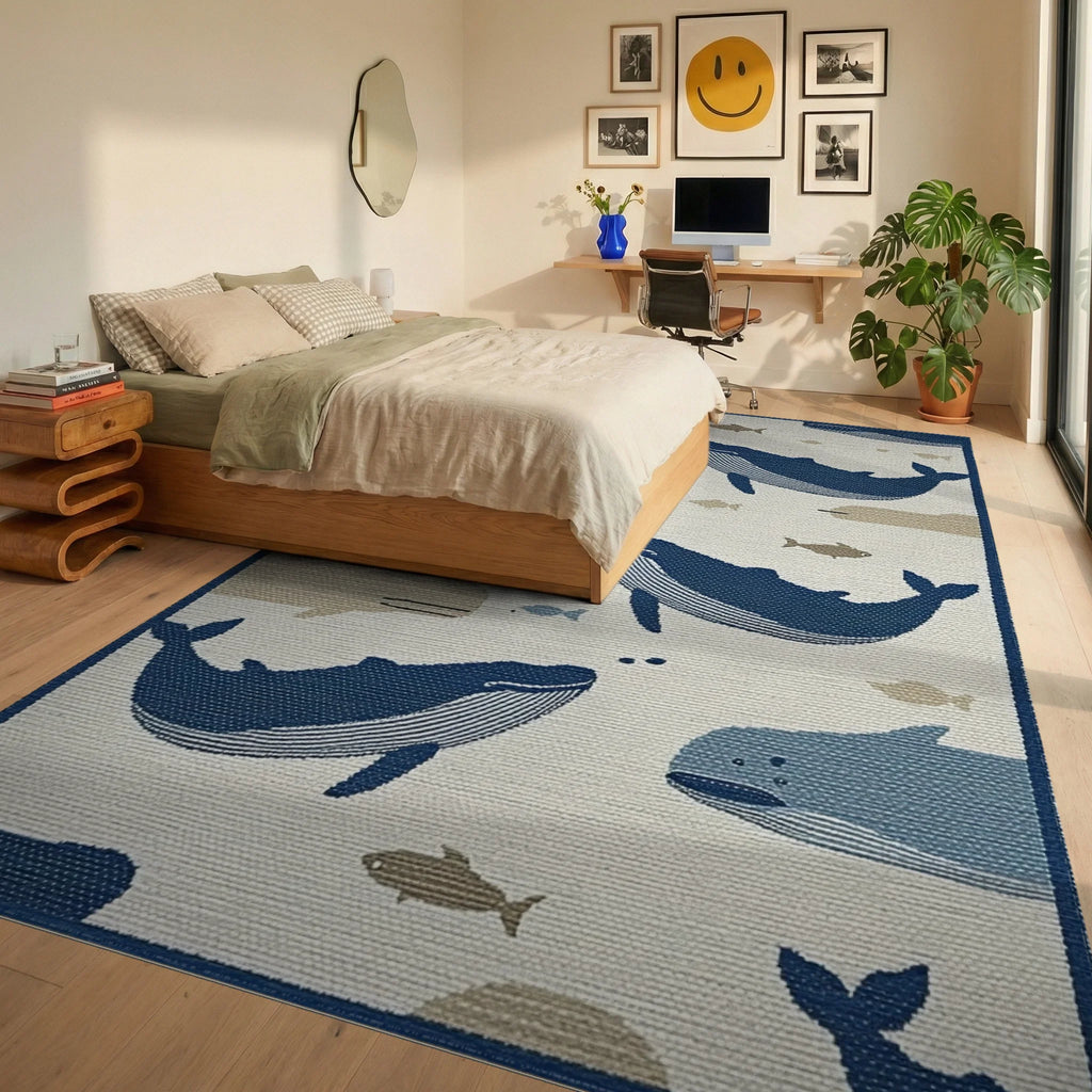 Whale School Navy Blue Ocean Scene Rug - Bedroom View