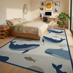 Whale School Navy Blue Ocean Scene Rug - Bedroom View