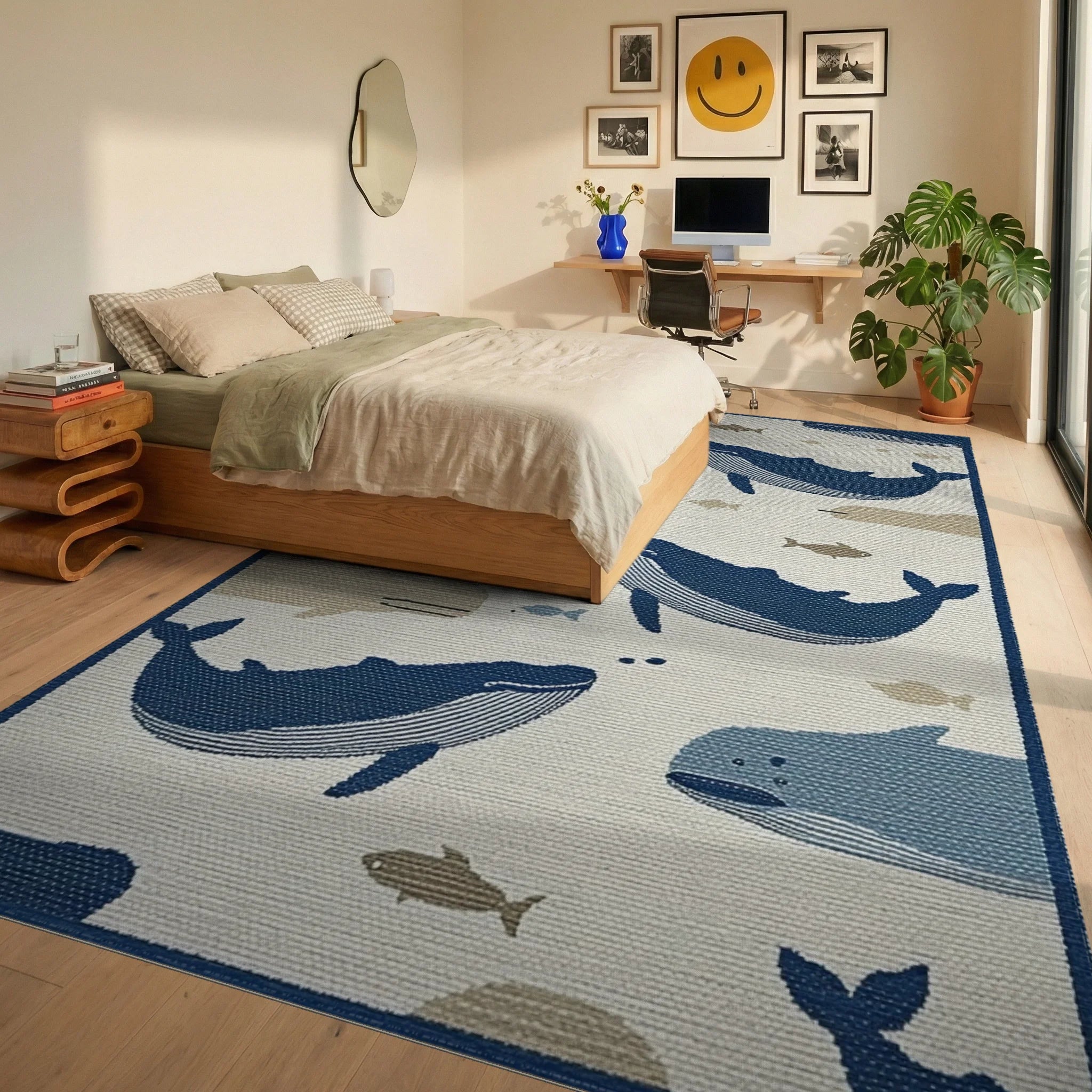 Whale School Navy Blue Ocean Scene Rug - Bedroom View