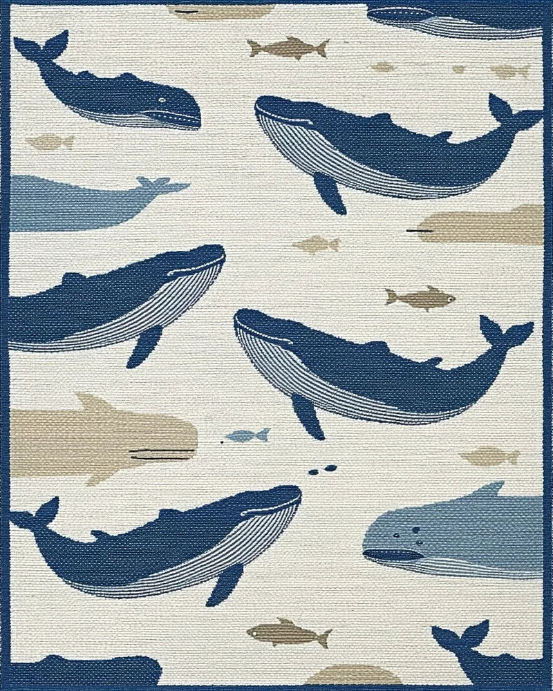 Whale School Navy Blue Ocean Scene Rug - Cutout View