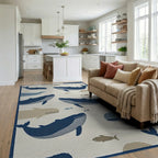 Whale School Navy Blue Ocean Scene Rug - Living Room View