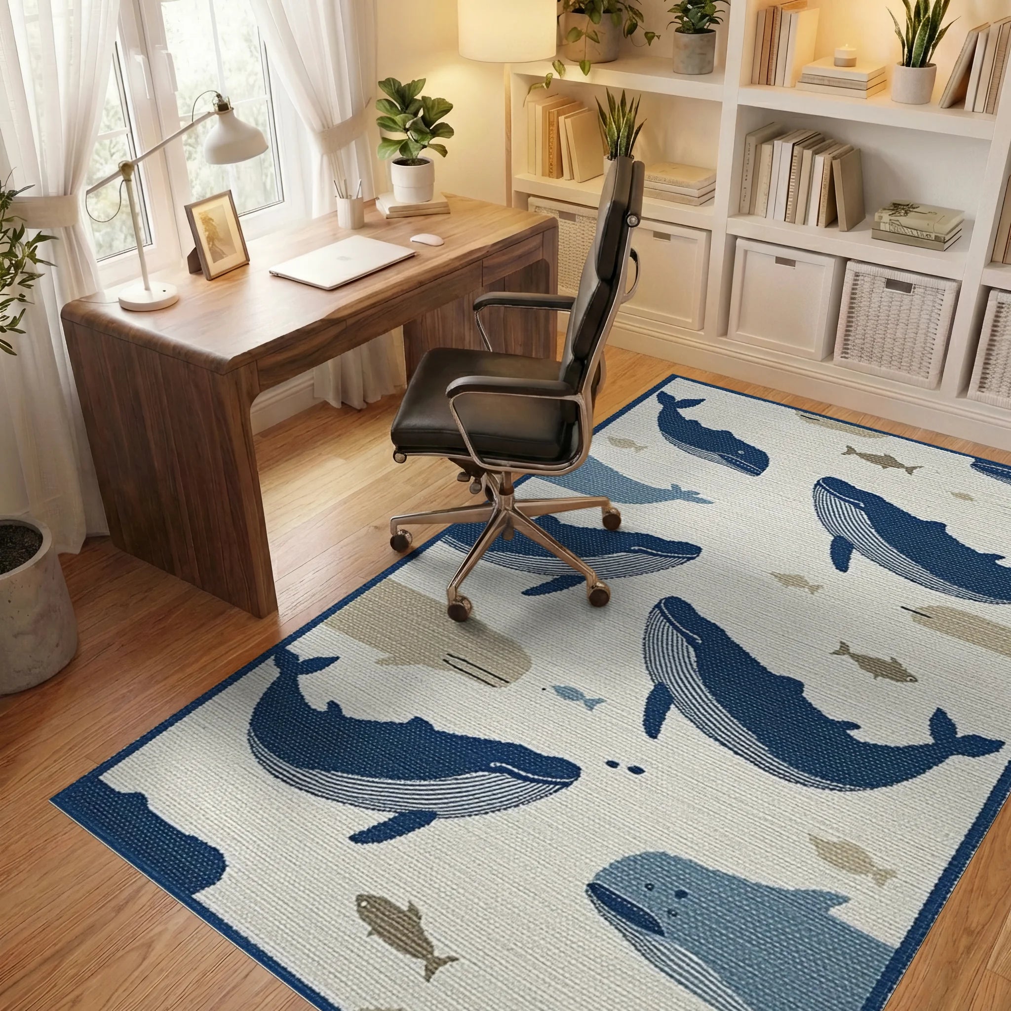 Whale School Navy Blue Ocean Scene Rug - Office View