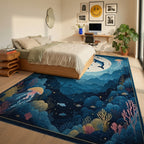 Whales Jellyfish Underwater Whimsical Scene Rug - Bedroom View
