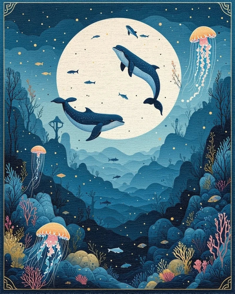 Whales Jellyfish Underwater Whimsical Scene Rug - Cutout View