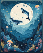 Whales Jellyfish Underwater Whimsical Scene Rug - Cutout View