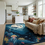 Whales Jellyfish Underwater Whimsical Scene Rug - Living Room View