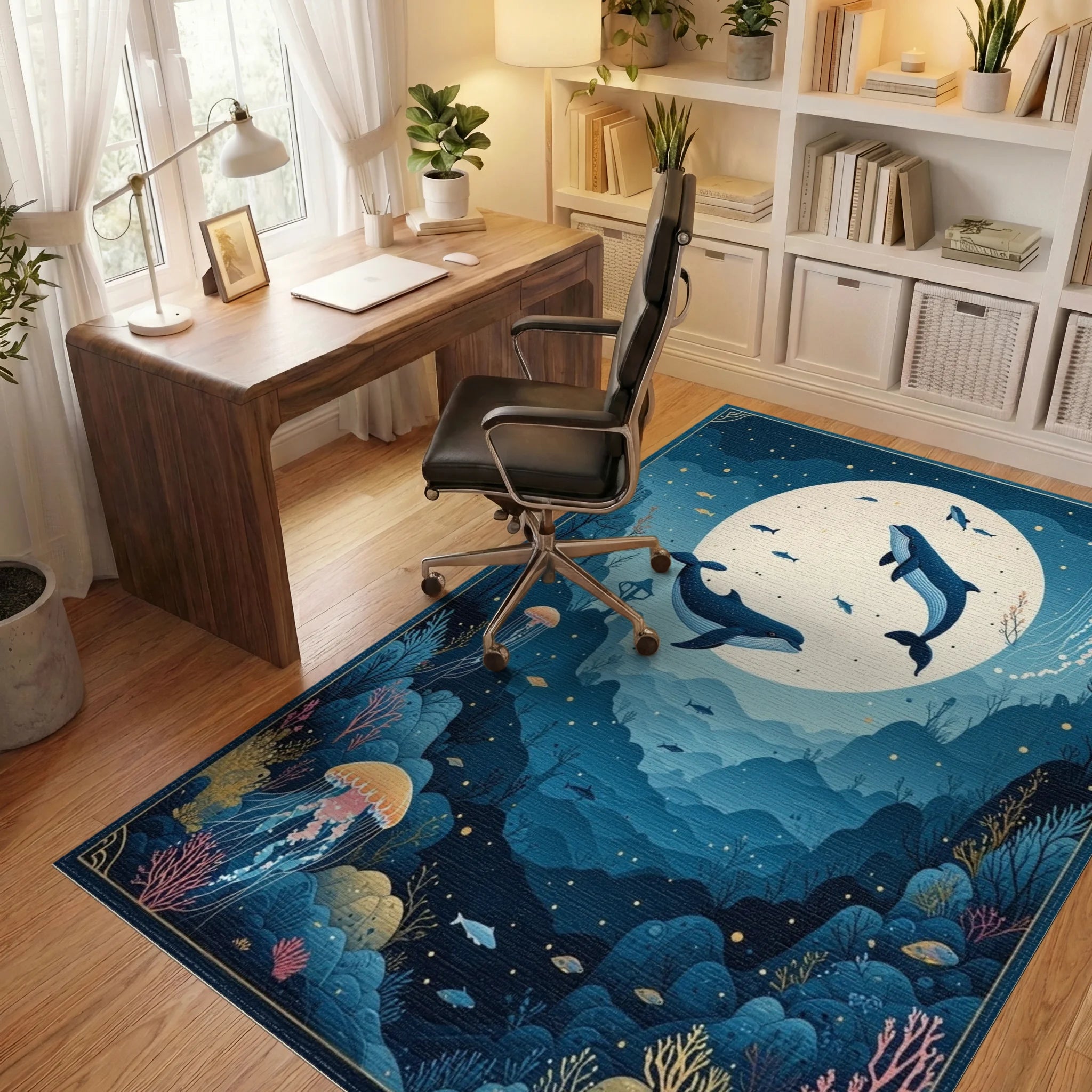 Whales Jellyfish Underwater Whimsical Scene Rug - Office View