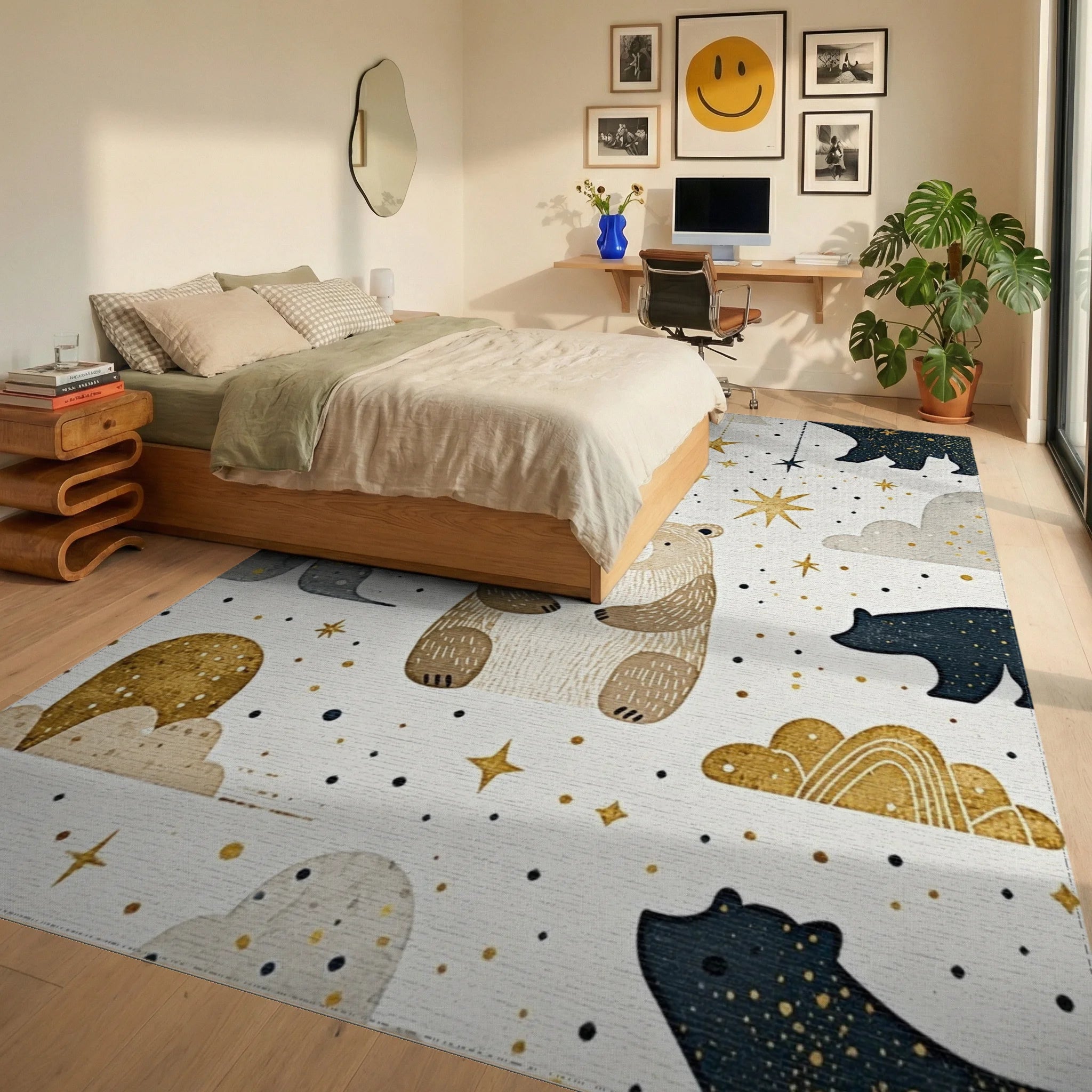 Whimsical Bear Star Moon Cloud Rug Bedroom View