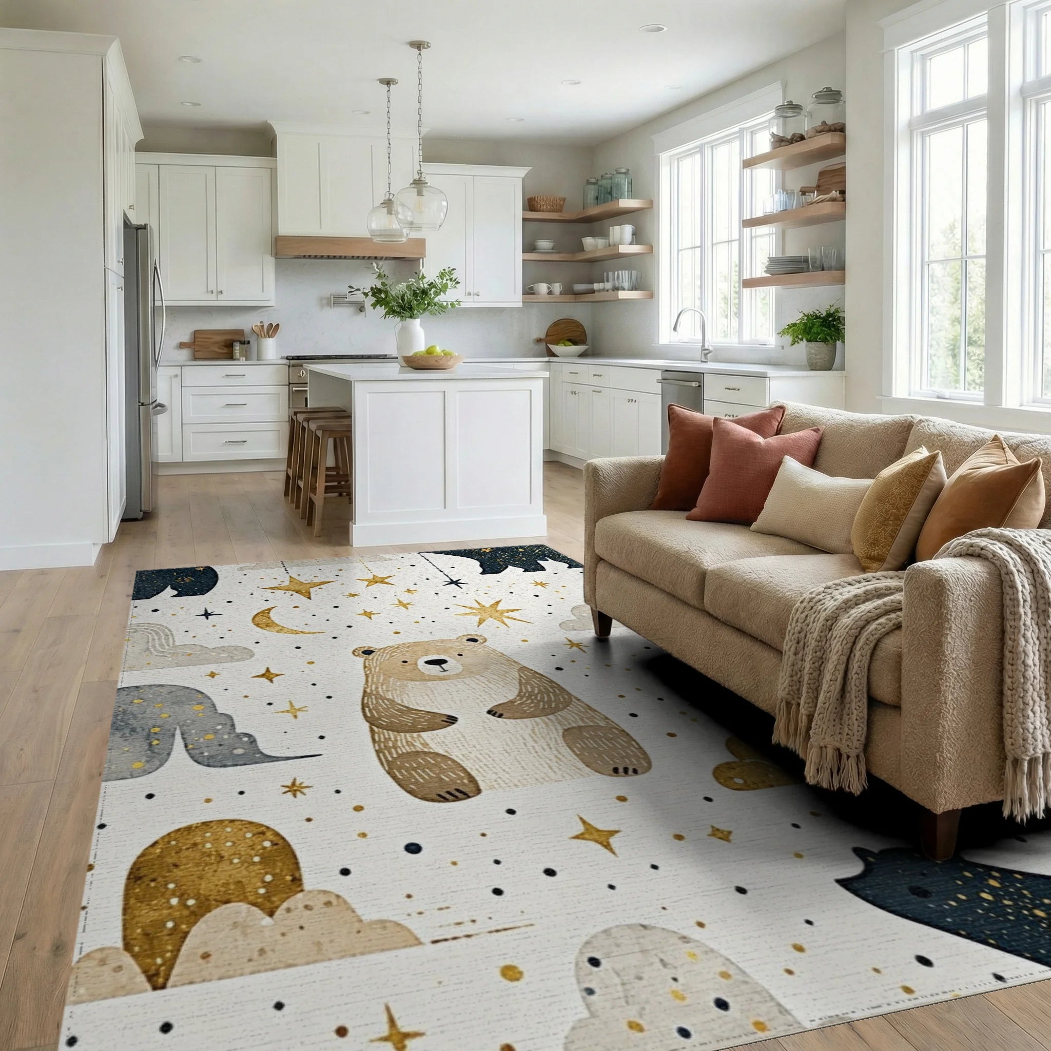 Whimsical Bear Star Moon Cloud Rug Living Room View